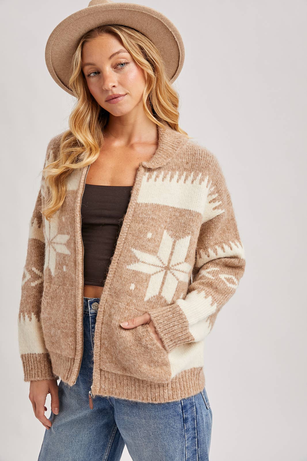 Fair Isle Fuzzy Knit Front Zipper Cardigan: Latte Combo