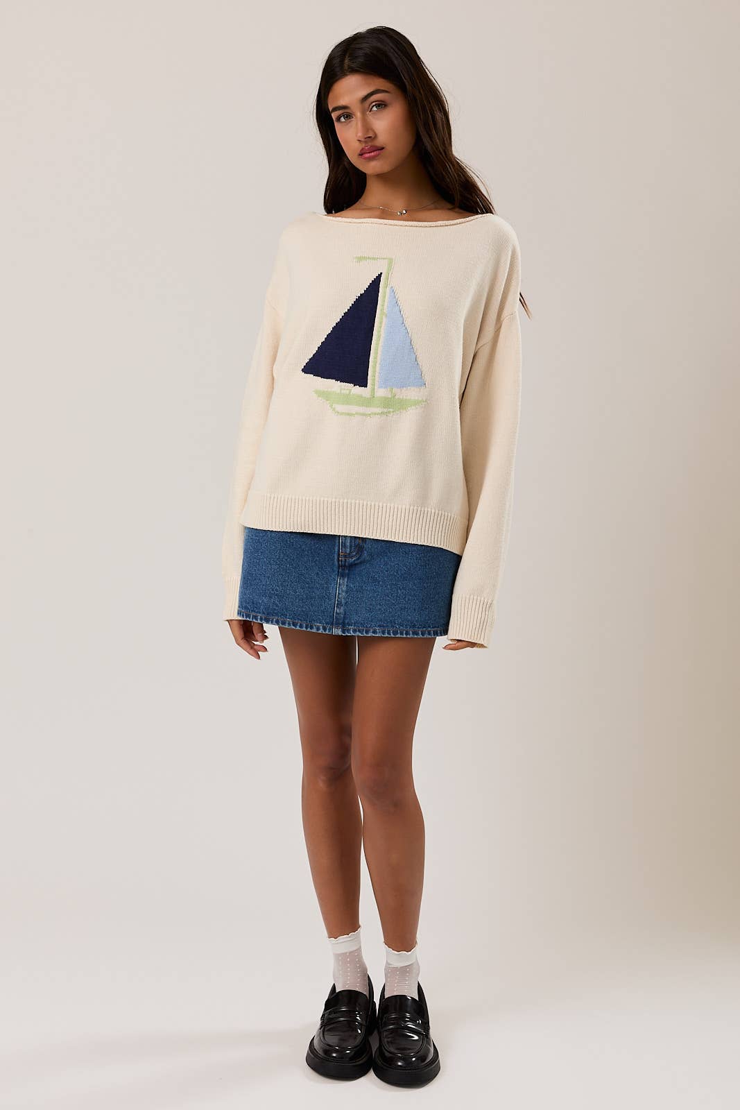 Seaside Boat Neck Sweater Top: Ivory