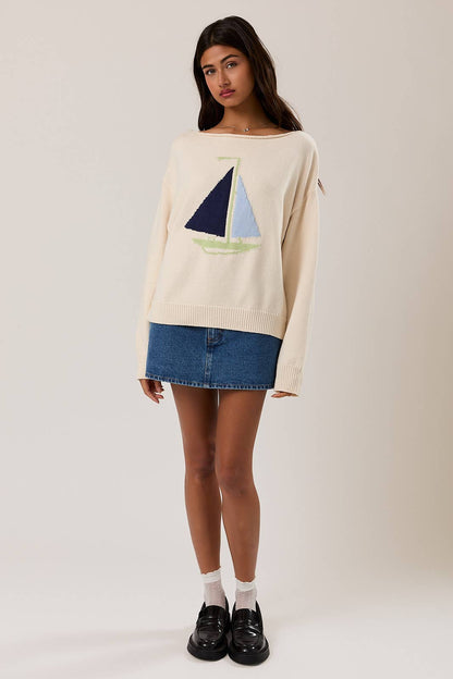 Seaside Boat Neck Sweater Top: Ivory