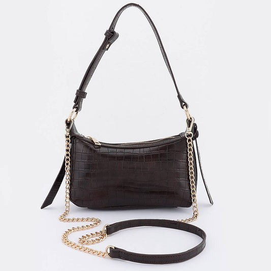 Nadine Croc-Embossed Faux Leather Shoulder Bag: Chocolate Brown
