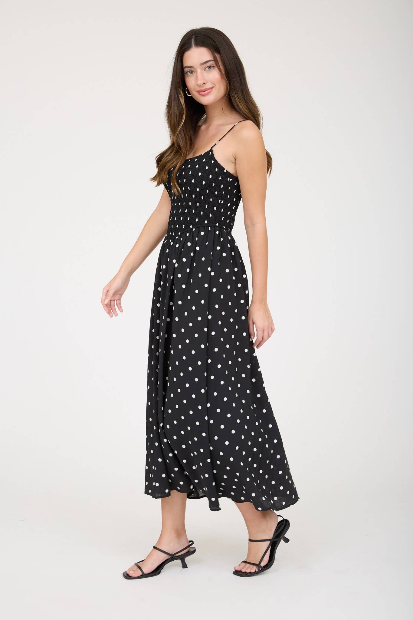 Ethel Polka Dot Smocked Basque Waist Midi Dress: Black