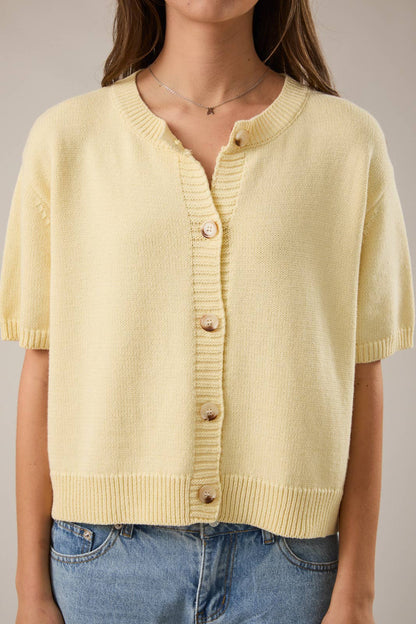 Butter Short Sleeve Sweater Cardigan: Lt Yellow