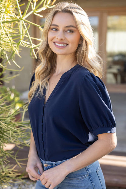 Prescott Button Down Solid Puff Sleeve Top: Navy