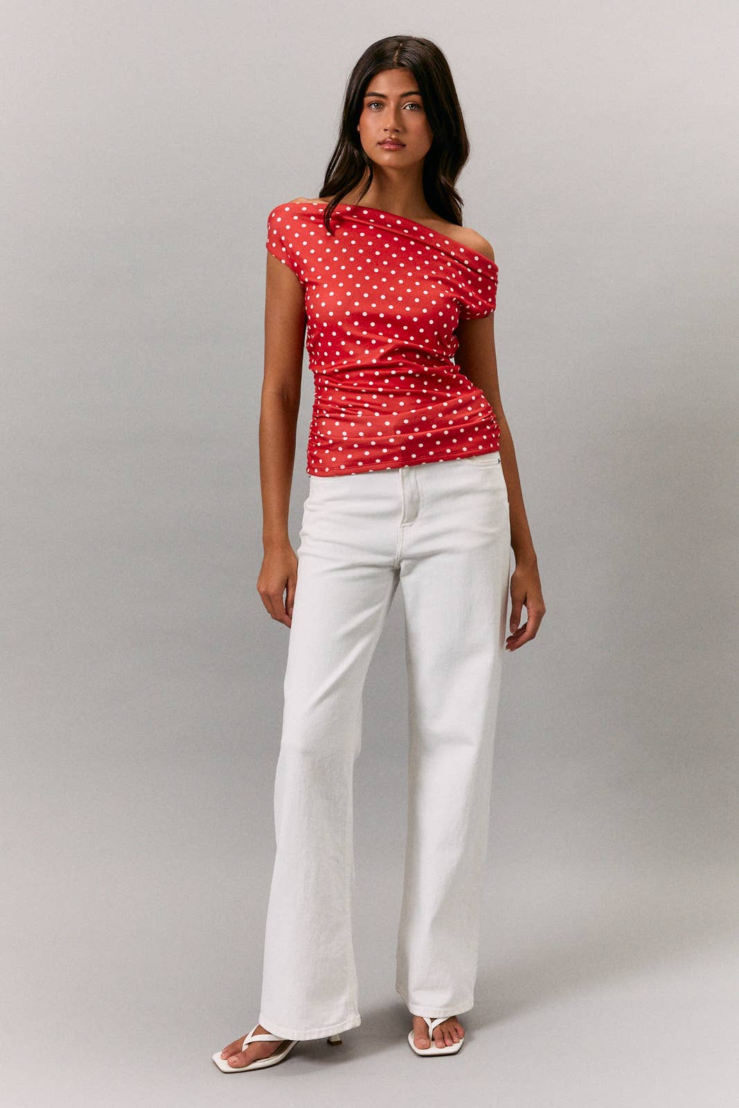 Luci Off Shoulder Top with Side Ruch: Red-White Polka Dot
