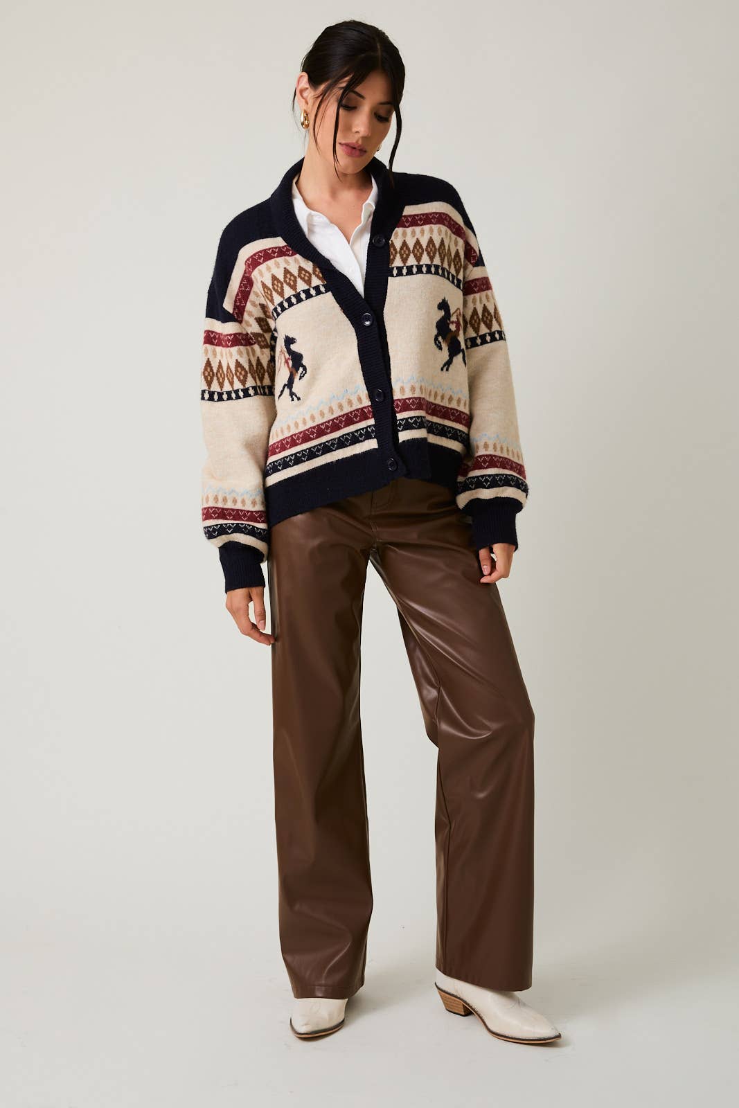 Gallop Horse Motif Button Up Oversized Sweater Cardigan: Cream