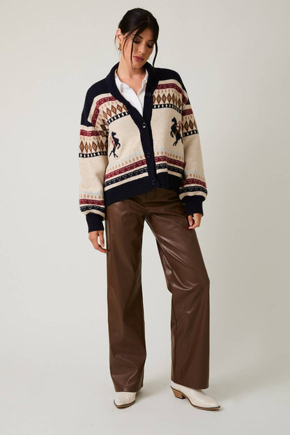 Gallop Horse Motif Button Up Oversized Sweater Cardigan: Cream
