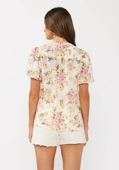 Petal Puff Sleeve Button-Down Top: Natural/Dusty Pink