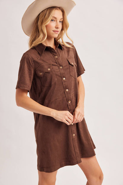 Cheyenne Collared Short Sleeve Faux Suede Mini Shirt Dress: Chocolate