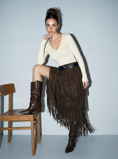 Pleated knit Fringe Layered Skirt with Belt : BROWN / S