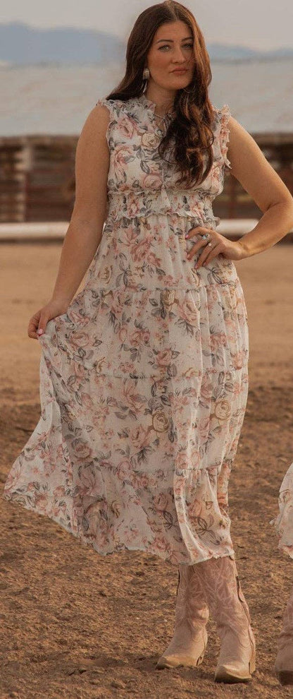 Colette Western print Woven long Dress: Floral Blue/Pink