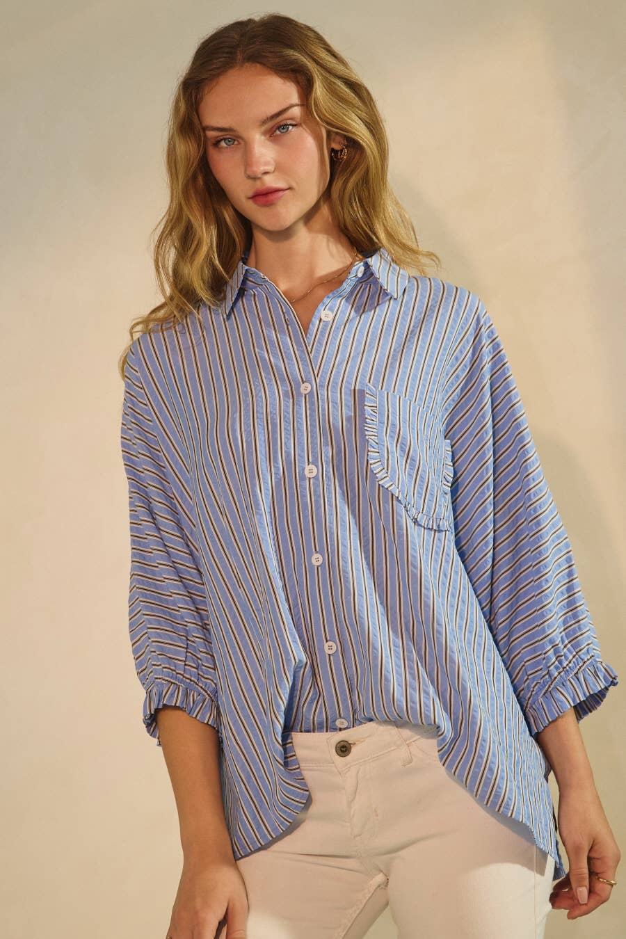 Bay Striped Button Down Oversized Shirts: Denim Blue Stripe