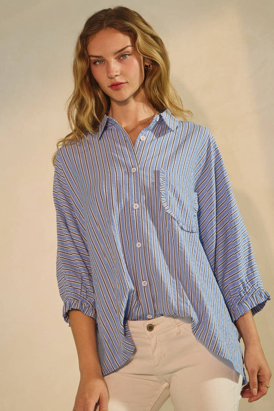 Bay Striped Button Down Oversized Shirts: Denim Blue Stripe