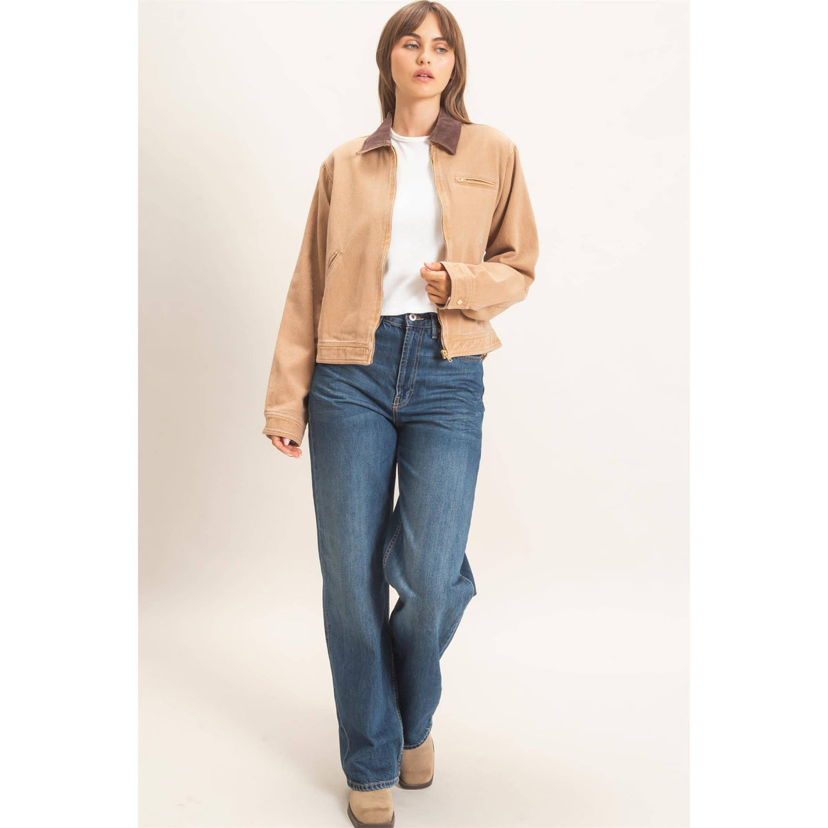 Twill Jacket With Corduroy Collar: DARK TAUPE