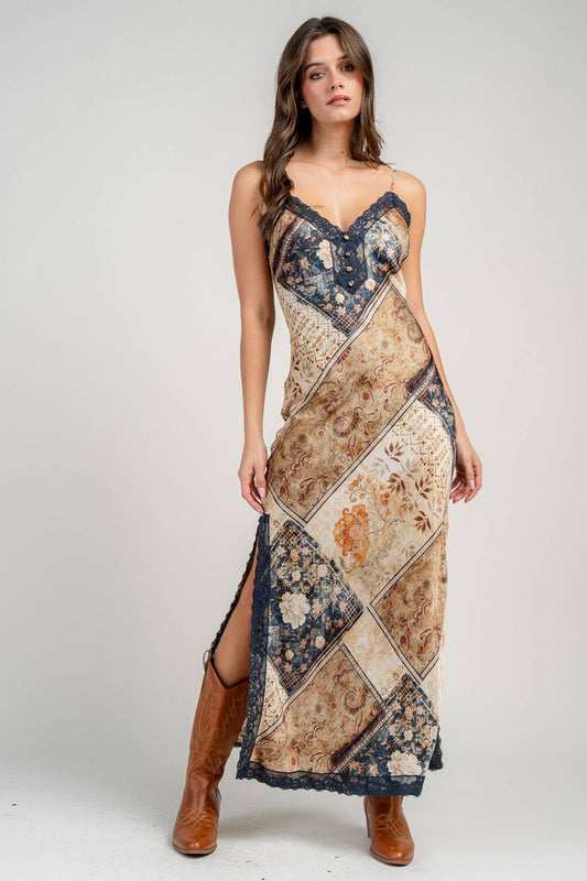 Calico Moon Printed Satin Lace Trim Slip Dress: Tan Navy