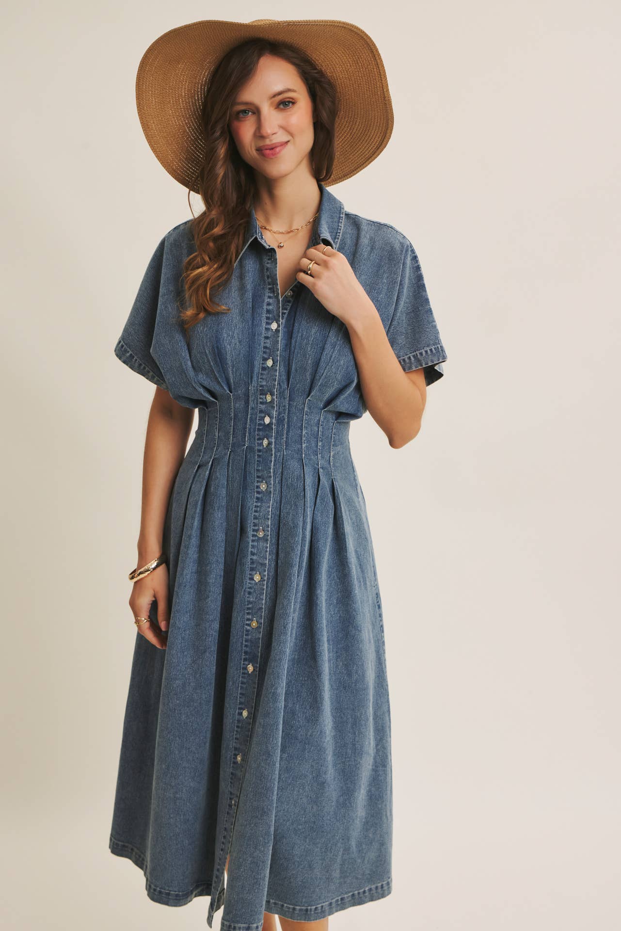 Caroline Stretchy Mineral-Washed Button-Down Pleated Denim Midi Dress: Light Wash