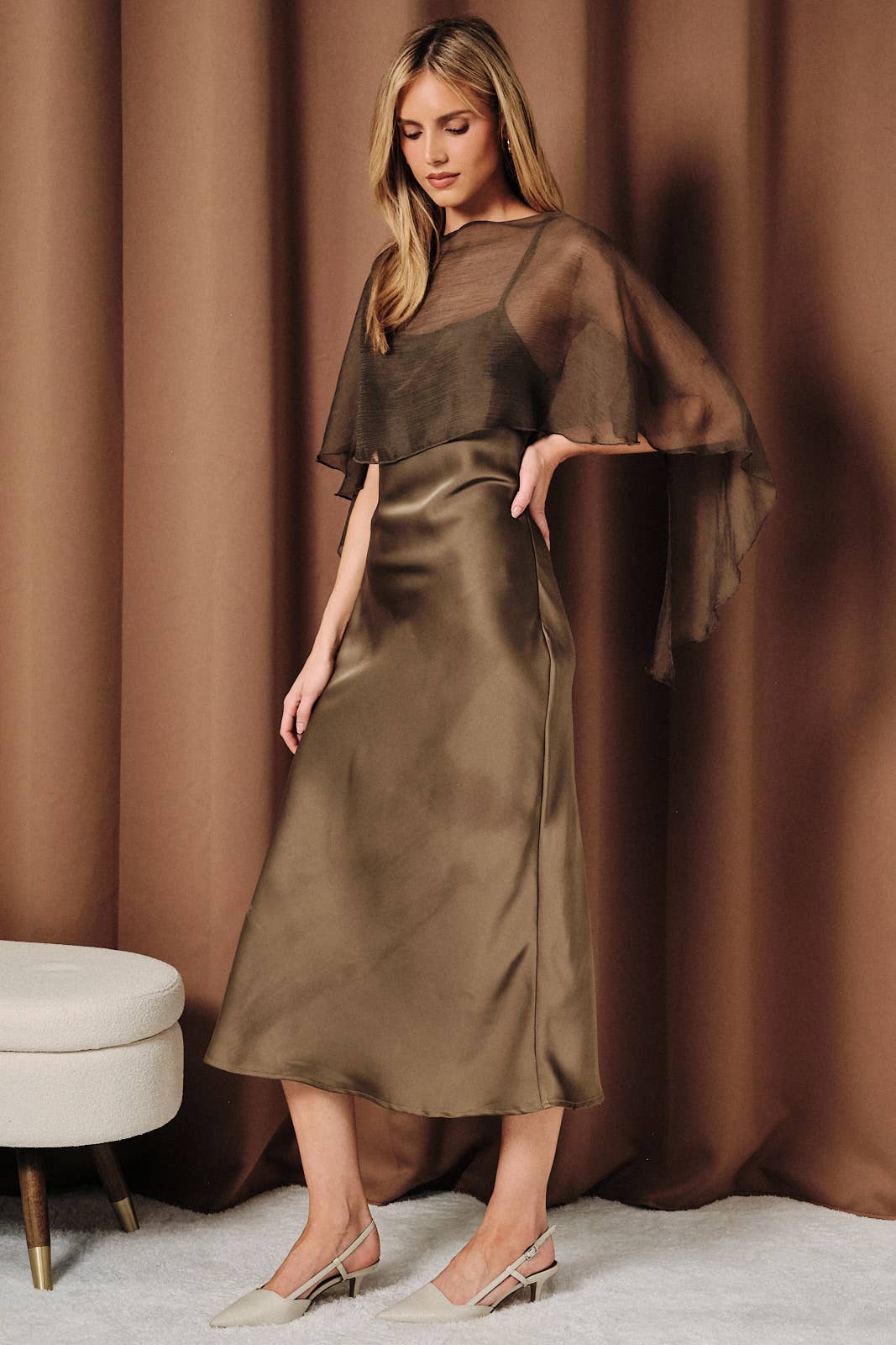 Rosalind Boat Neck Chiffon Cape Satin Midi Dress: Olive
