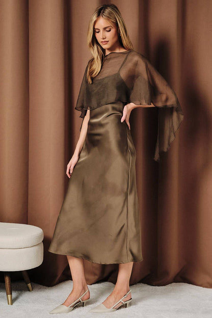 Rosalind Boat Neck Chiffon Cape Satin Midi Dress: Olive