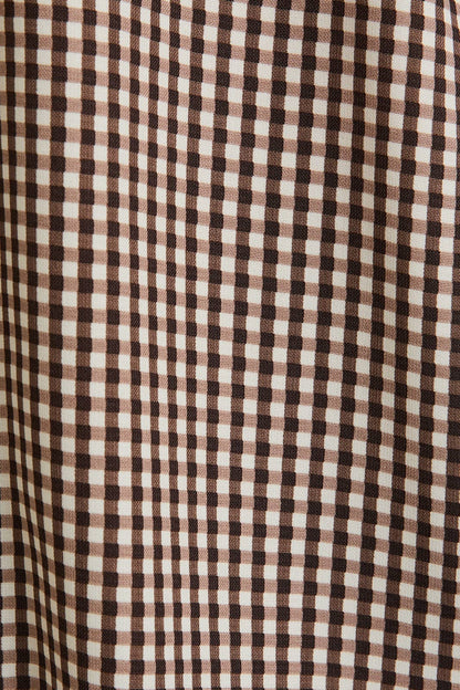 Maggie Square Neck Front Tie Long Sleeve Check Top: Brown Cream