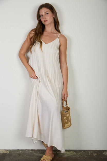 Luna Pleated Pintuck Detail Spaghetti Strap Maxi Dress: Natural