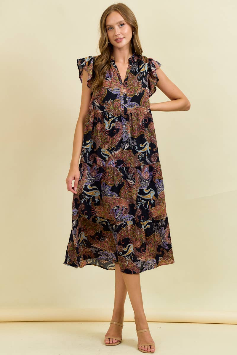 Phoenix Paisley Spit Neck Tiered Midi Dress: Black Spice