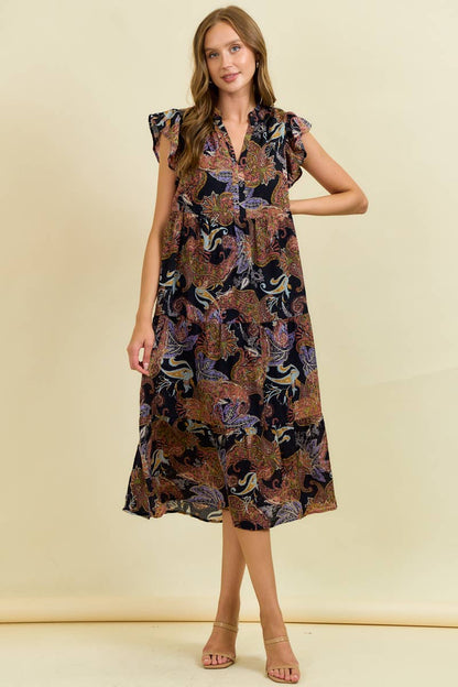 Phoenix Paisley Spit Neck Tiered Midi Dress: Black Spice