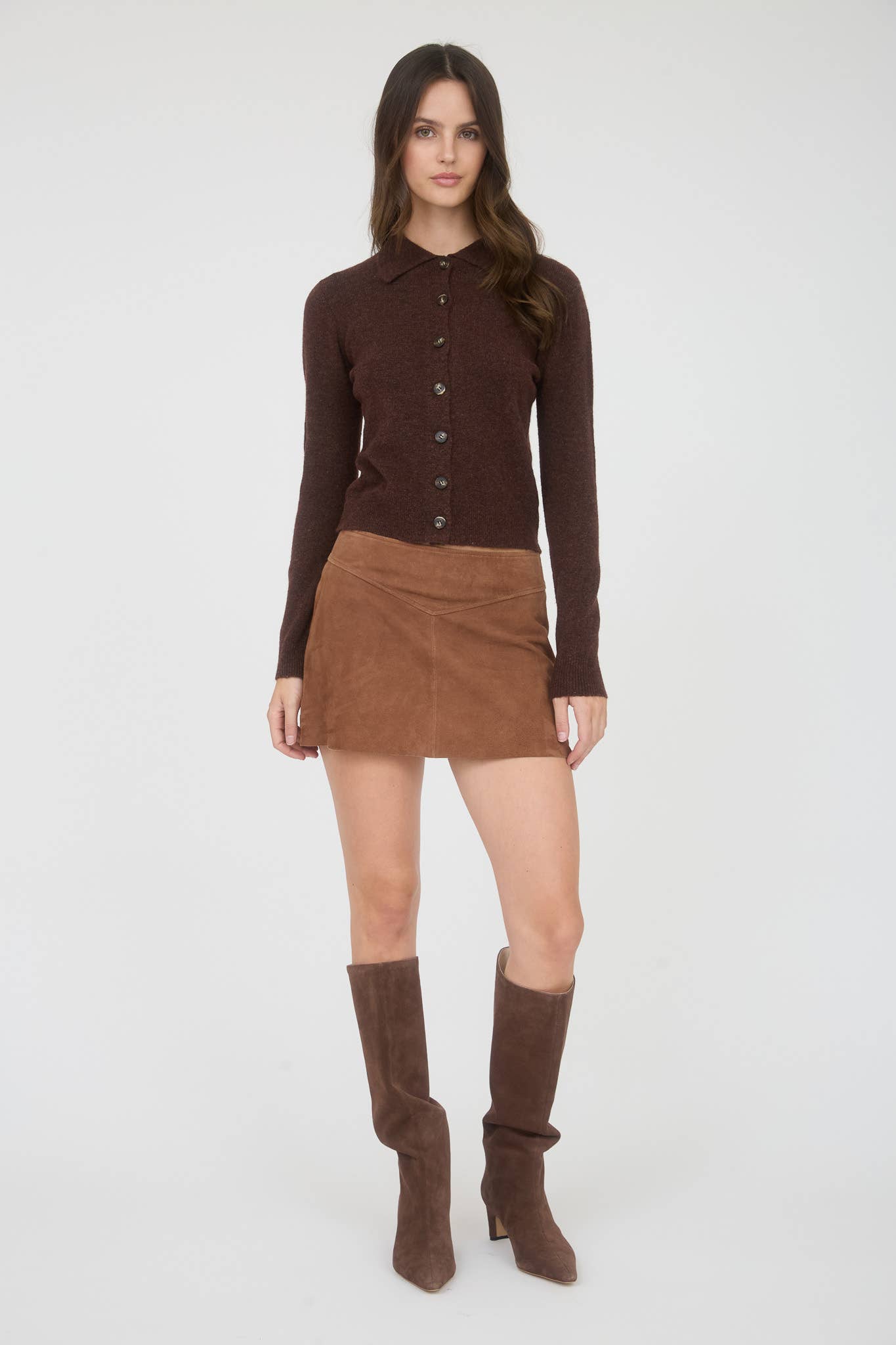 Lena Collared Button Down Long Sleeve Knit Cardigan: Chocolate