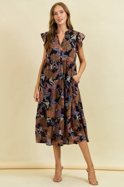 Phoenix Paisley Spit Neck Tiered Midi Dress: Black Spice