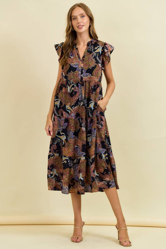 Phoenix Paisley Spit Neck Tiered Midi Dress: Black Spice