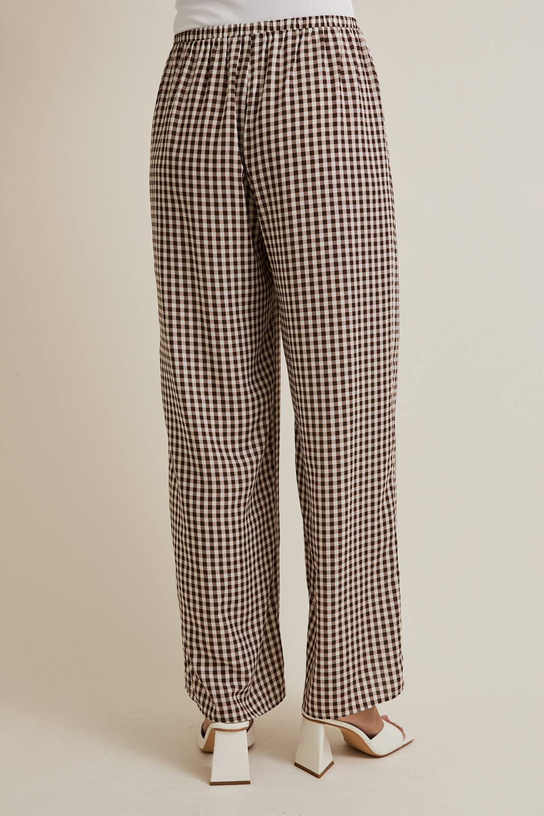 Ella Drawstring Wide Leg Check Pants: Brown-Cream Gingham