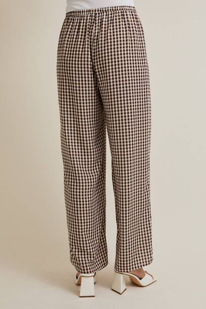 Ella Drawstring Wide Leg Check Pants: Brown-Cream Gingham