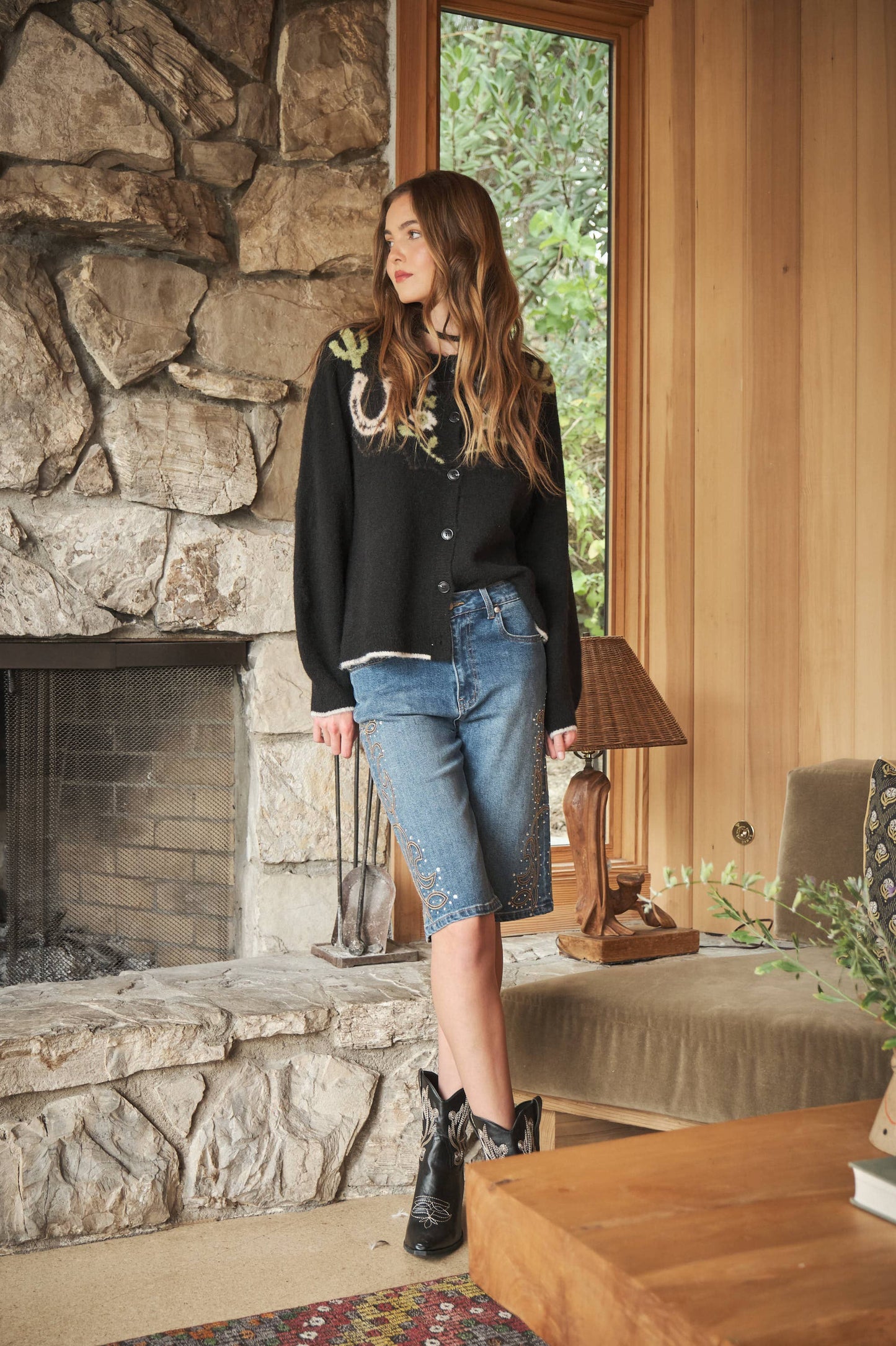 Cactus Cutie Western Graphic Sweater Cardigan: CHARCOAL
