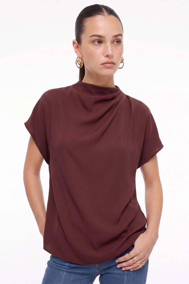 Annelise Draped Mock Neck Short Sleeve Satin Blouse: Dark Brown