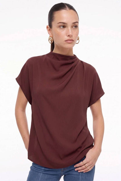 Annelise Draped Mock Neck Short Sleeve Satin Blouse: Dark Brown
