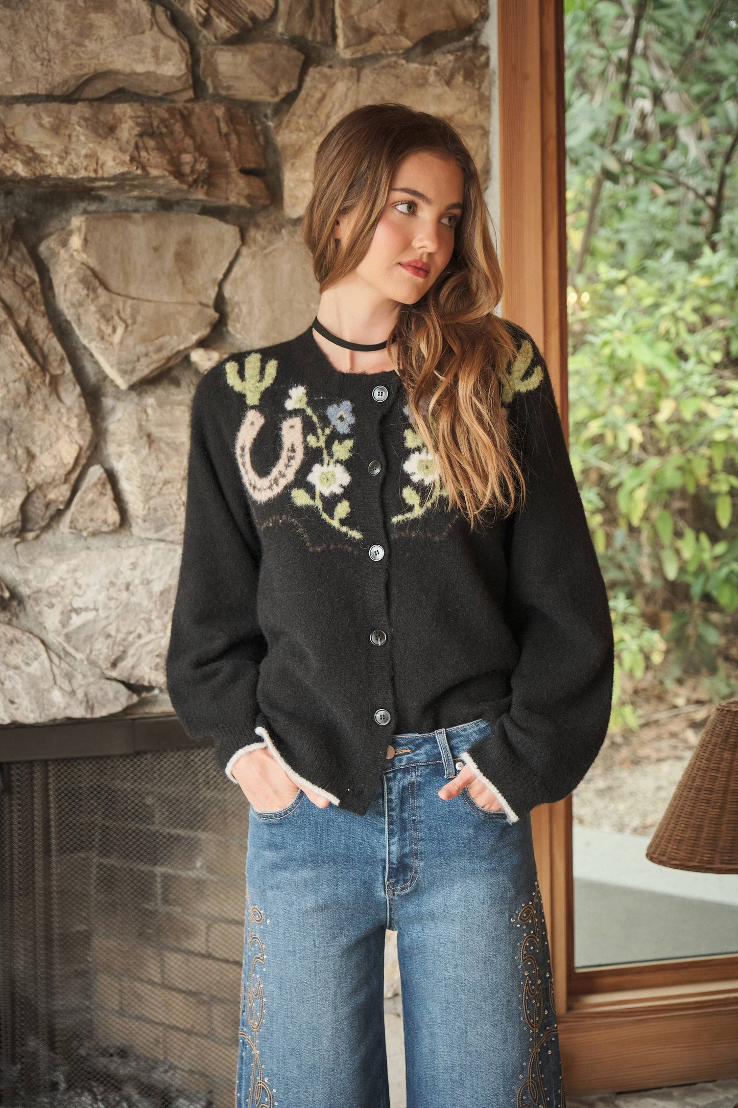Cactus Cutie Western Graphic Sweater Cardigan: CHARCOAL