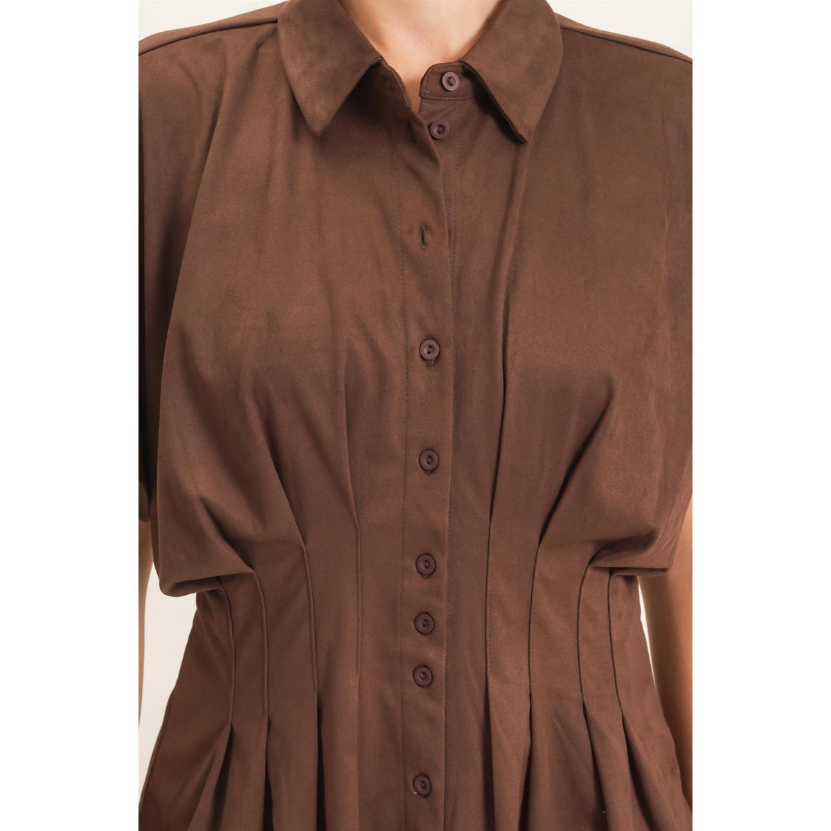 Suede Button-Down Blouse: CAMEL / S-M-L(2-2-2)