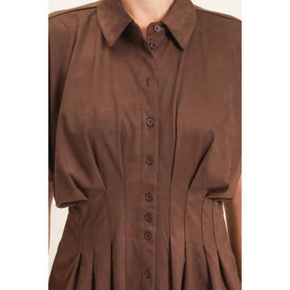 Suede Button-Down Blouse: CAMEL / S-M-L(2-2-2)