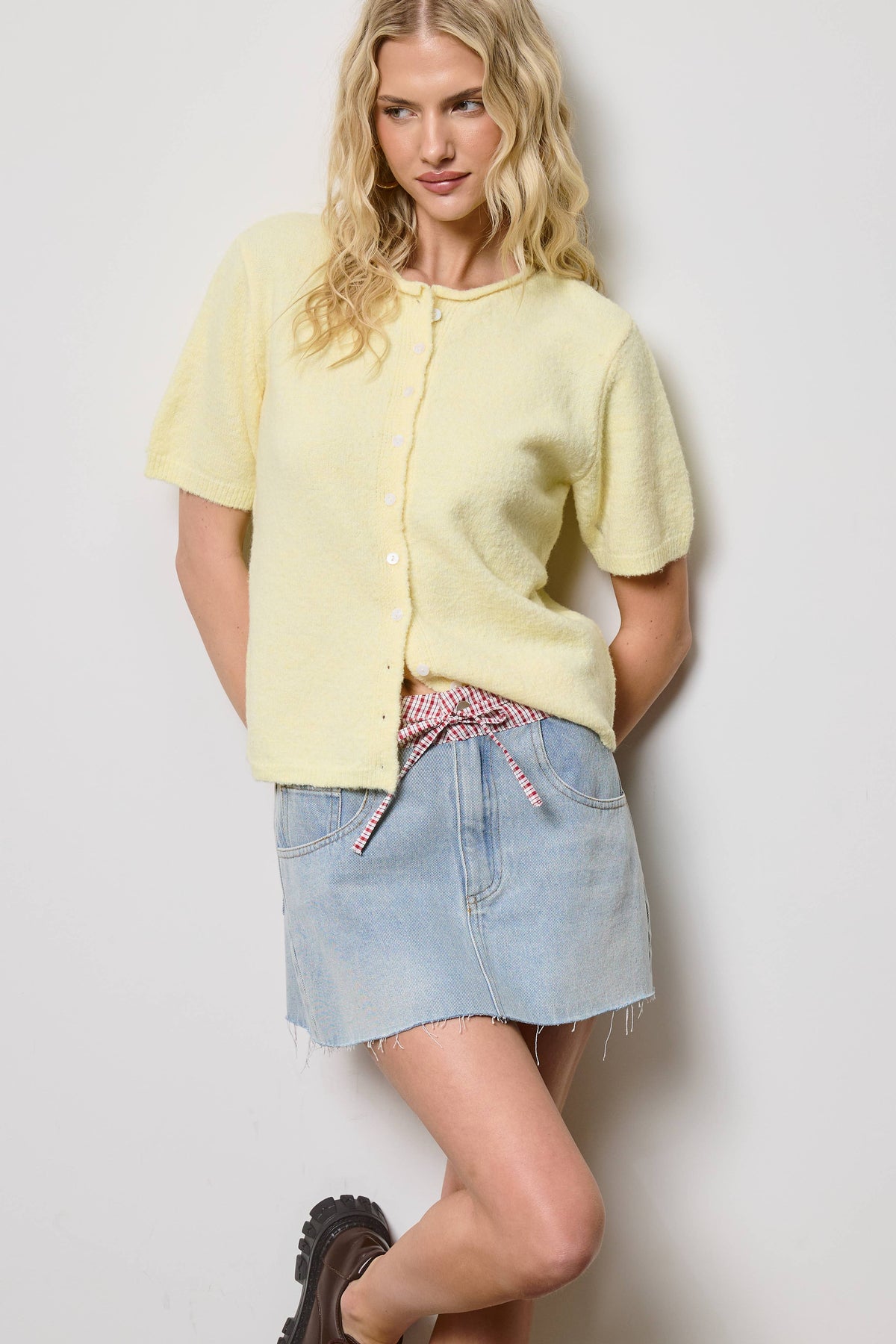 Short Sleeve Button Down Cardigan Top: Tangerine / S
