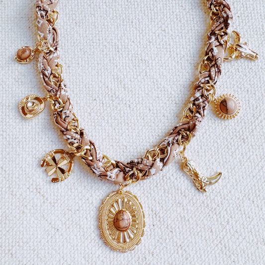Wild West Desert Charm Scarf Necklace: Beige