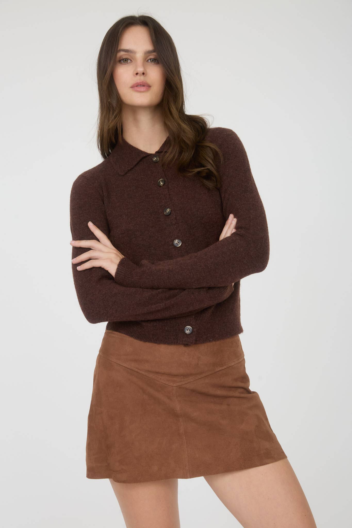 Lena Collared Button Down Long Sleeve Knit Cardigan: Chocolate
