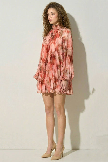 Renee Floral Pleated Chiffon Mini Dress: PINK COMBO
