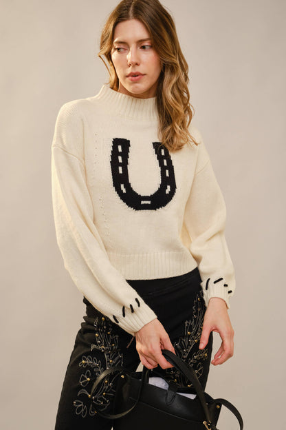 Spur Cropped Horseshoe Knit Sweater: Ivory
