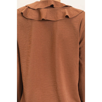 Ruffled V-Neck Button-Up Blouse: TEAL / S-M-L(2-2-2)
