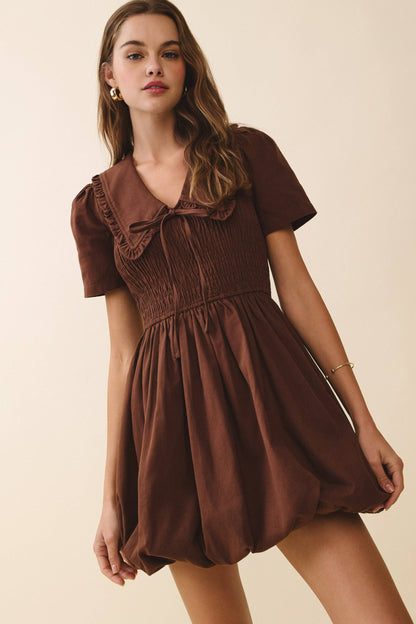 Lila Short Puff Sleeve Shirred Bodice Bubble Dress: Brown