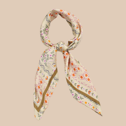 Floral Print Satin Square Scarf/Headwrap/Tube top: Beige Floral
