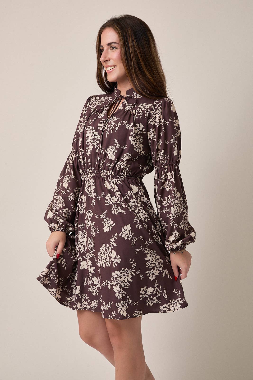 November Notch Neck Front Tie Puff Long Sleeve Floral Mini Dress: Brown Cream Floral