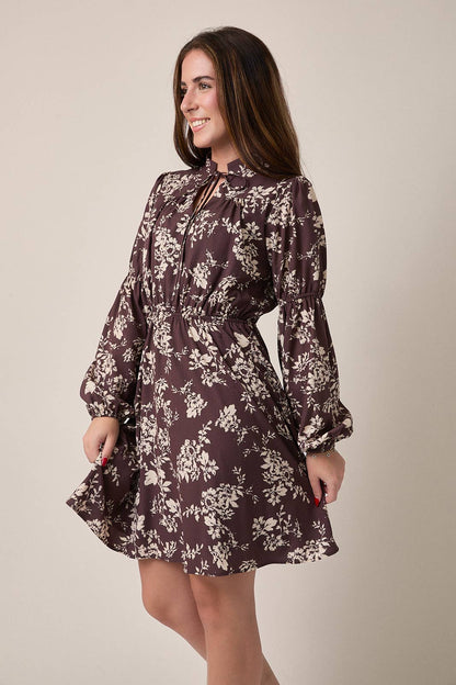 November Notch Neck Front Tie Puff Long Sleeve Floral Mini Dress: Brown Cream Floral