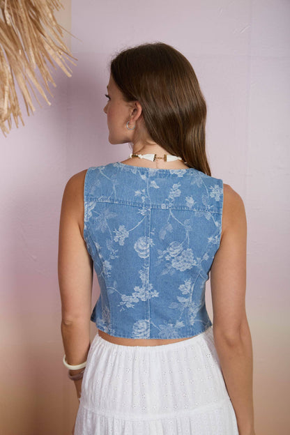 Loretta Floral Jacquard Button Down Vest: Denim