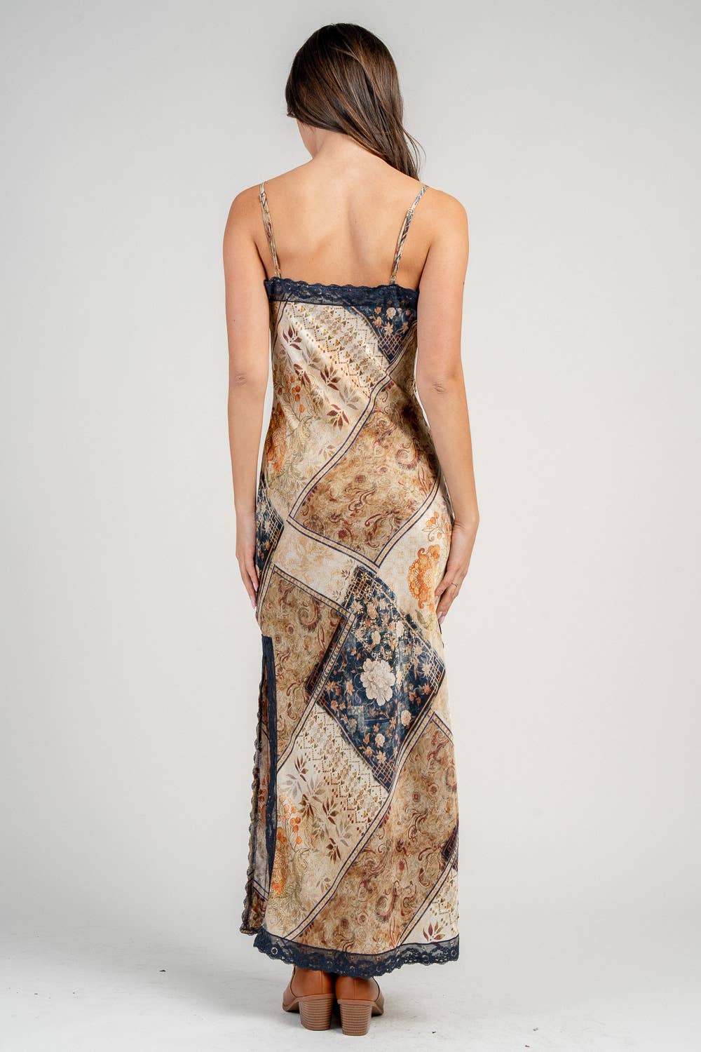 Calico Moon Printed Satin Lace Trim Slip Dress: Tan Navy