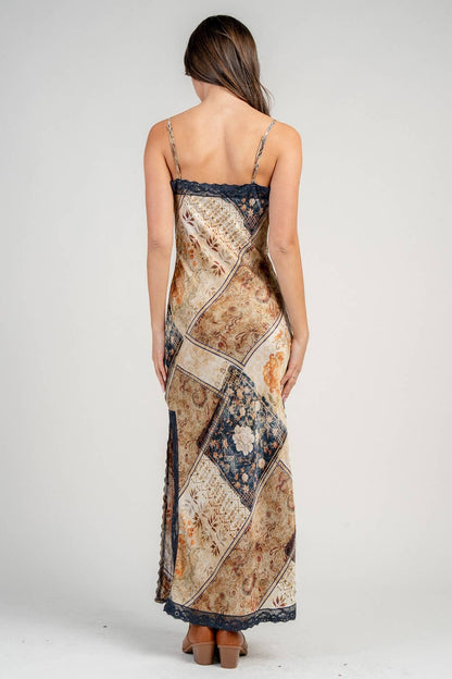 Calico Moon Printed Satin Lace Trim Slip Dress: Tan Navy