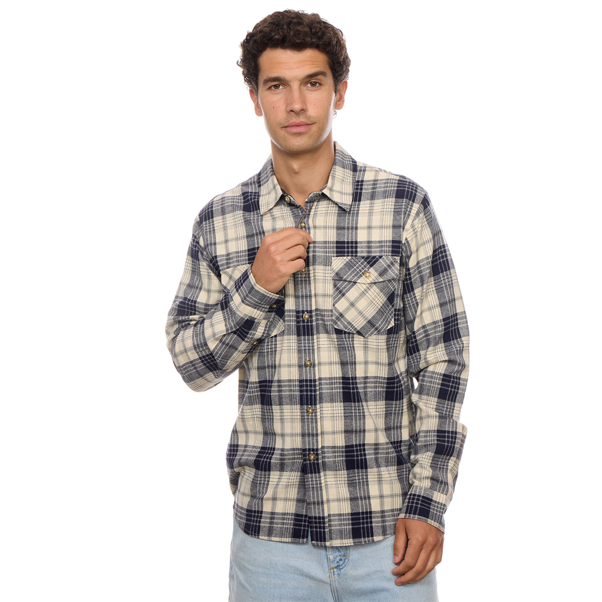 Long Sleeve Flannel Plaid Front Pockets Shirt: Navy